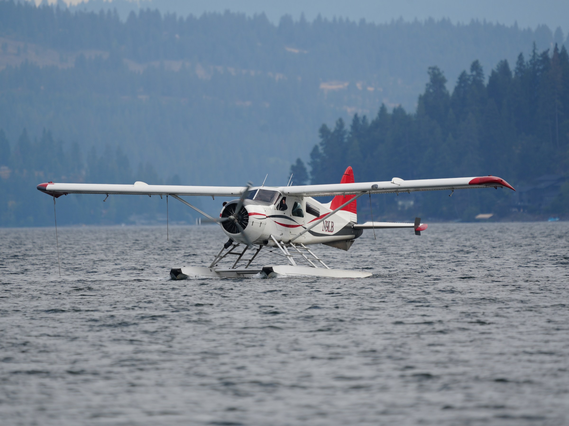 Seaplane on a lake with forested hills in the background.