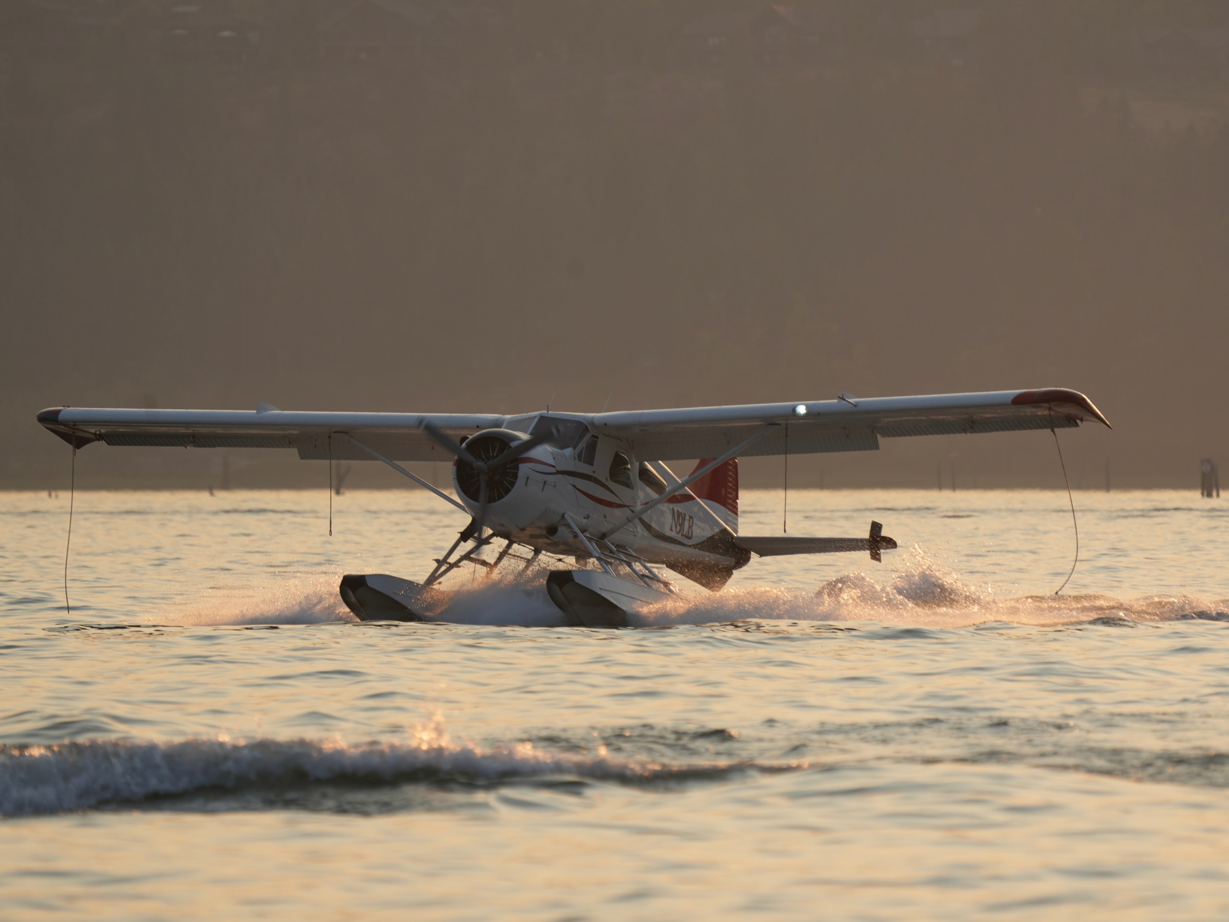 Seaplane taking off or landing on a calm body of water at sunset.